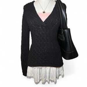 Talbots Cozy Black V-Neck Cable Knit Sweater